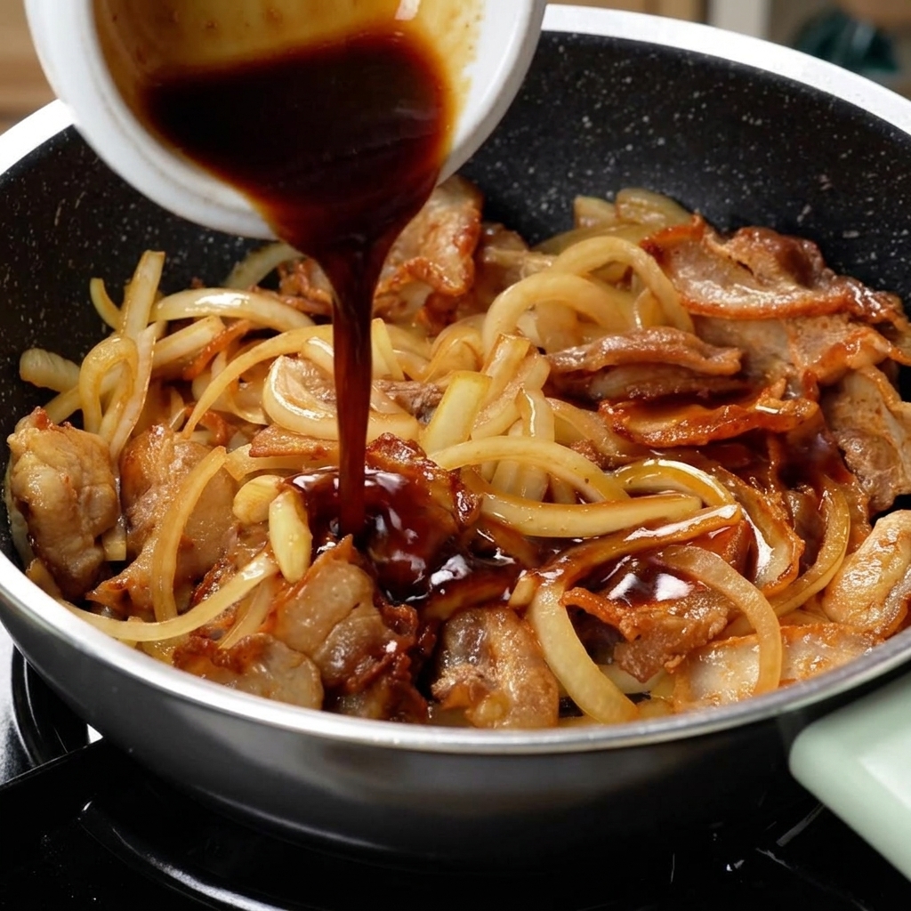 Yakiniku sauce being poured over pork and onions in a frying pan for the final mix.