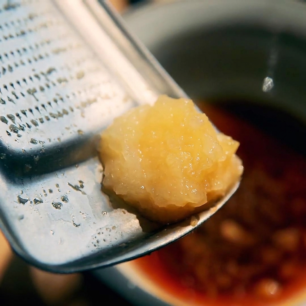 A metal grater held over a bowl, with fresh grated ginger and garlic pulp ready to fall into the sauce.