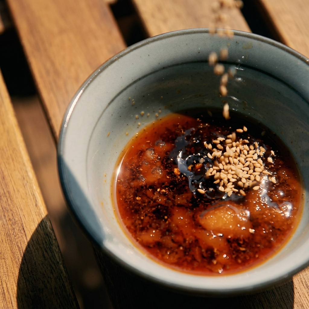 Sesame seeds being sprinkled into a bowl of dark Yakiniku sauce, with sesame oil already incorporated.