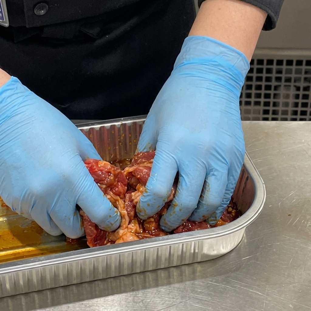 Hand mixing marinated beef with minced ginger in a metal tray.
