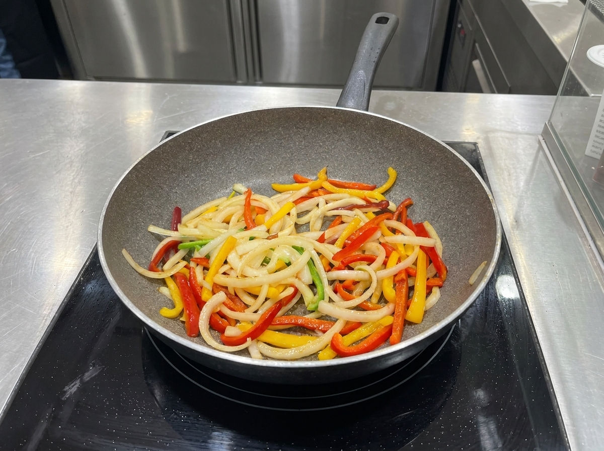 Vegetables in the pan being coated with BBQ sauce and soy sauce.
