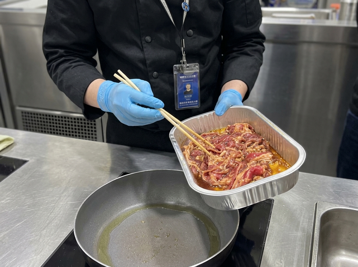 Marinated beef slices being added to a hot, oiled frying pan.