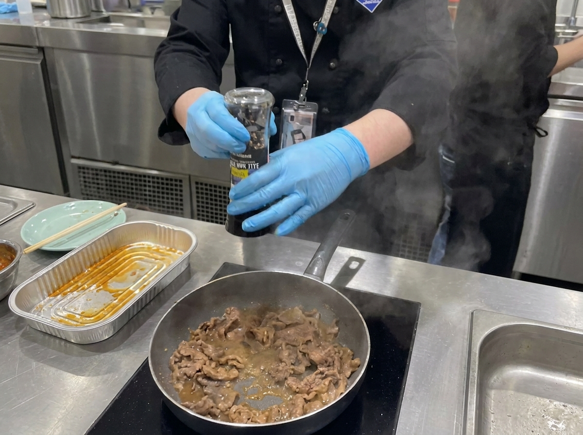 Beef cooking in a pan being seasoned with salt and pepper.