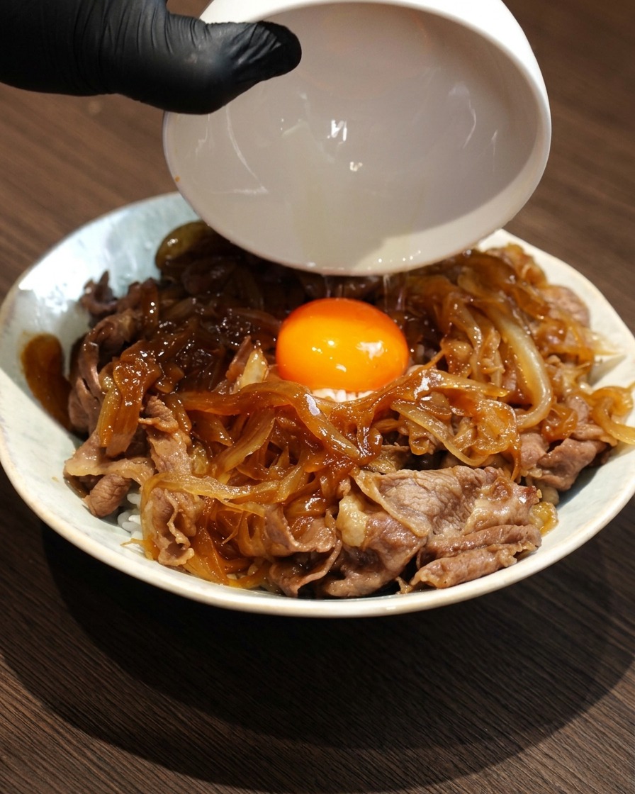 A vibrant raw egg yolk being carefully dropped onto the center of the beef-topped rice bowl.