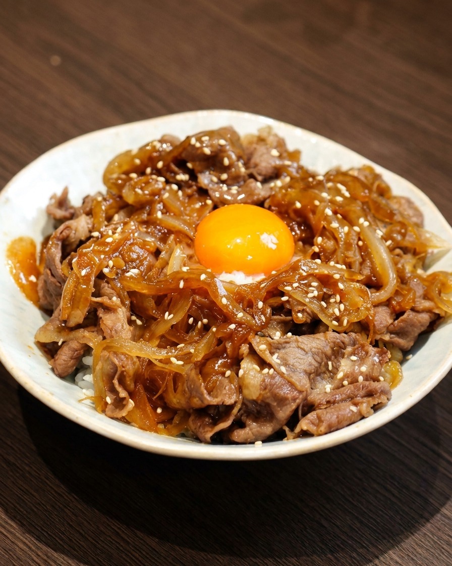 The finished Teriyaki Beef Rice Bowl topped with a glistening egg yolk, sprinkled with sesame seeds and green onion garnish.