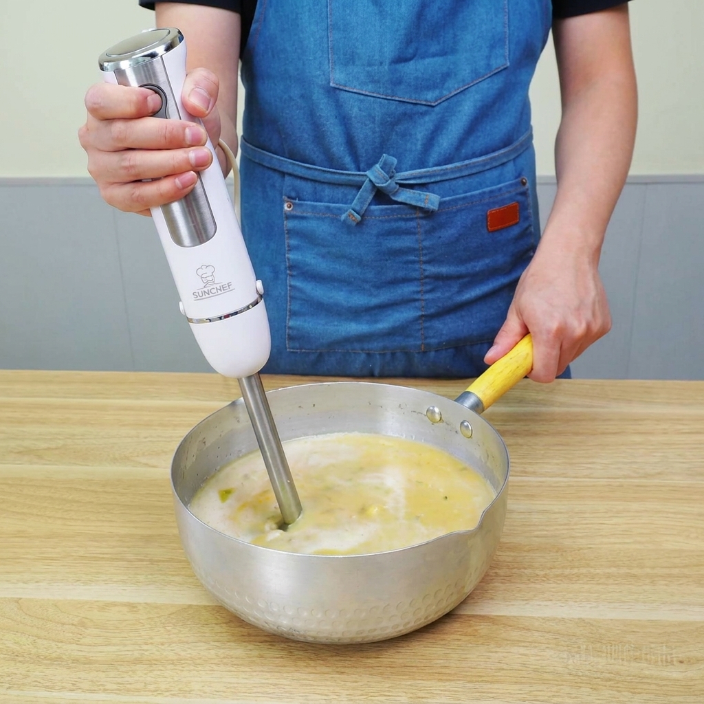 A hand blender submerged in a pot of broth and cooked vegetables, creating a smooth, thick velouté.
