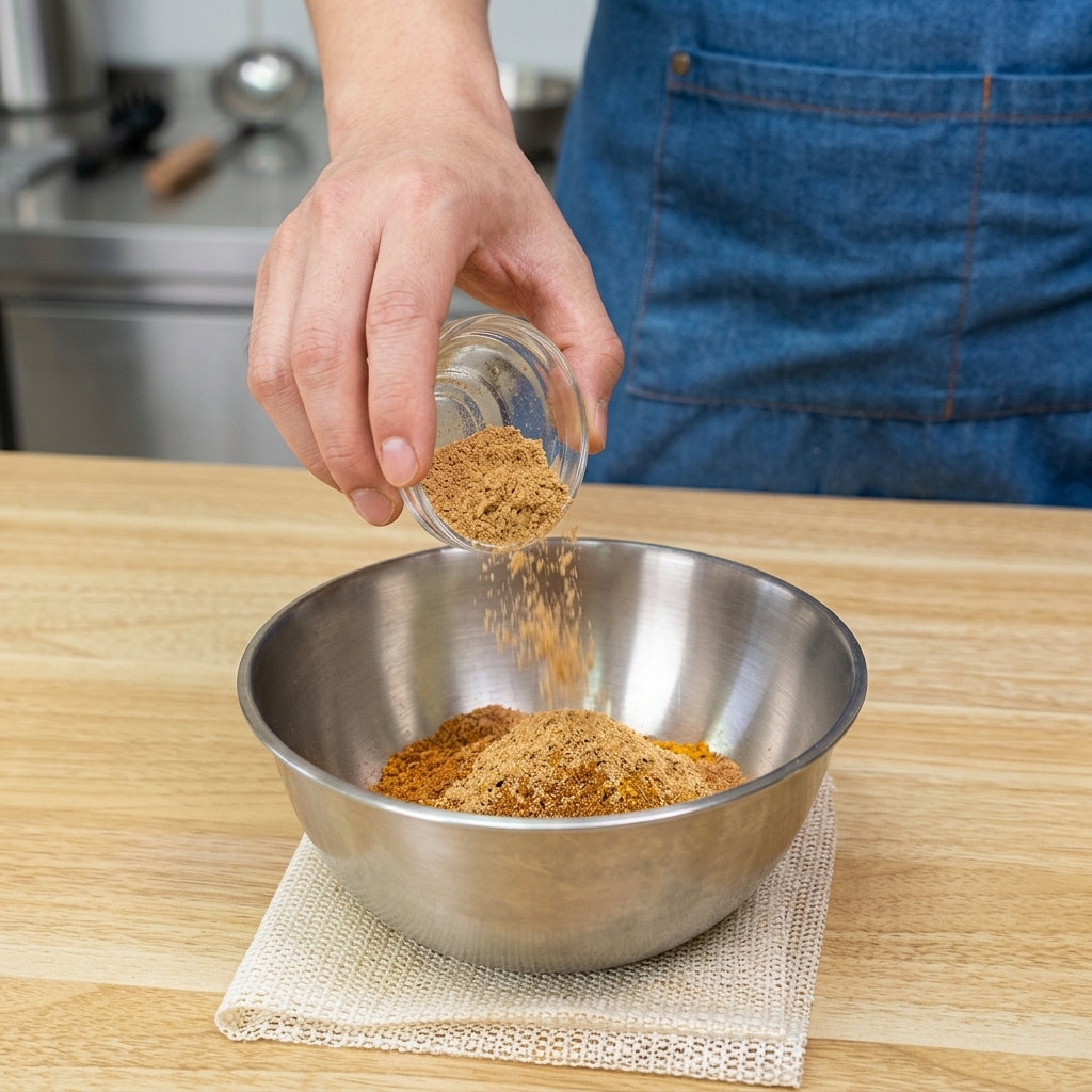 A hand pouring a measured amount of fine brown spice powder into a bowl already filled with an assortment of ground spices.