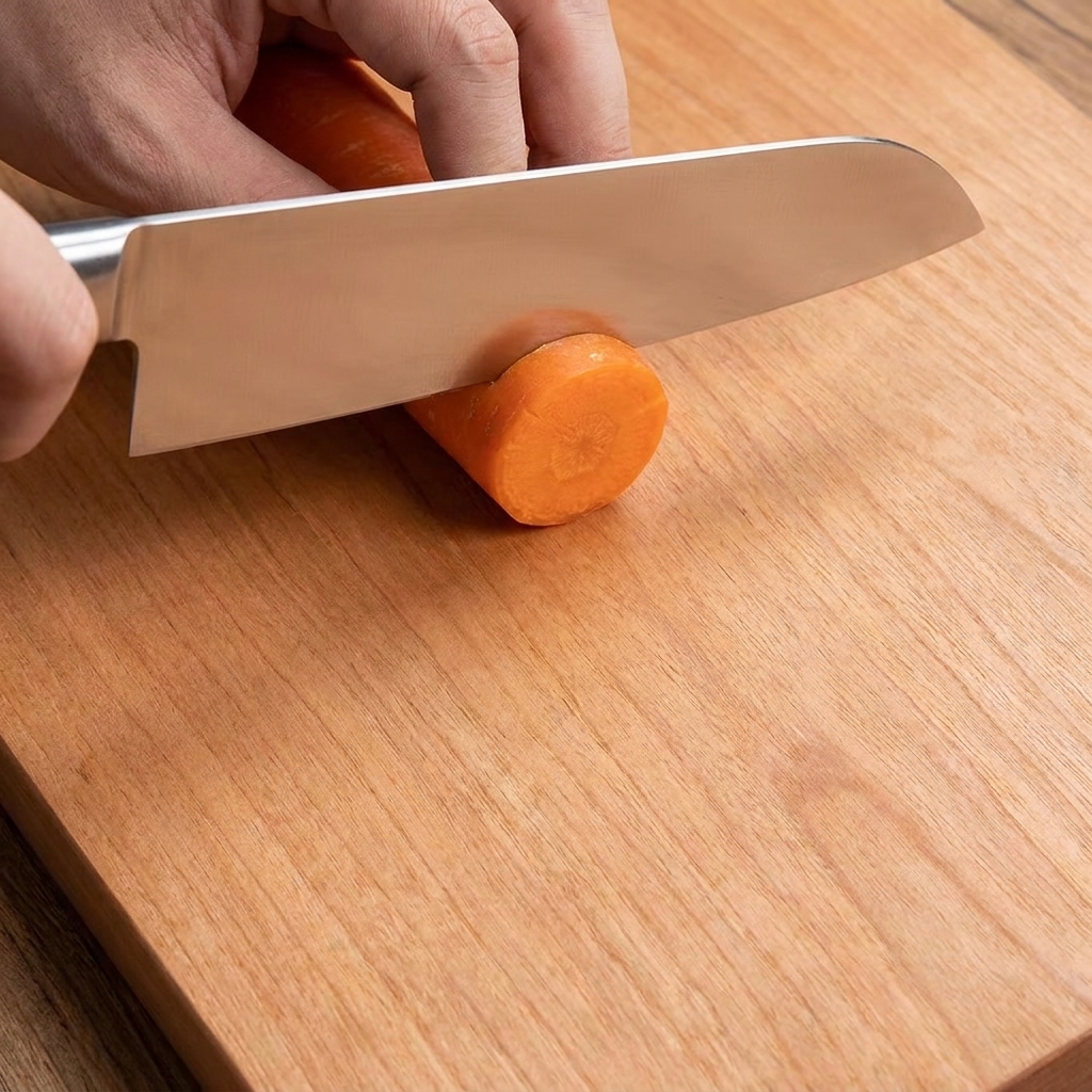 Chunks of carrots prepared on a wooden cutting board.