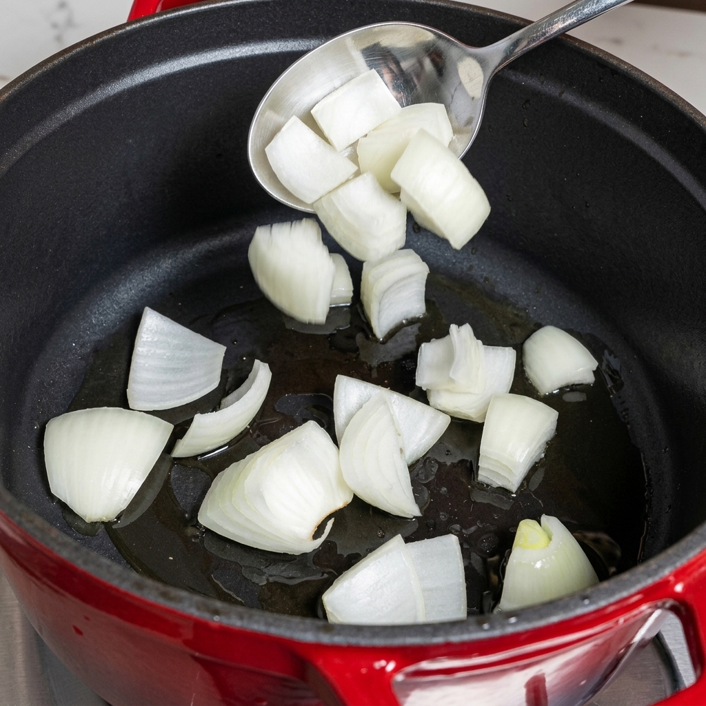 Onions softening in a pot with oil.