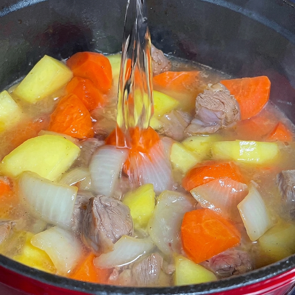 Water being poured into a pot containing browned beef chunks, chopped carrots, and onion pieces.