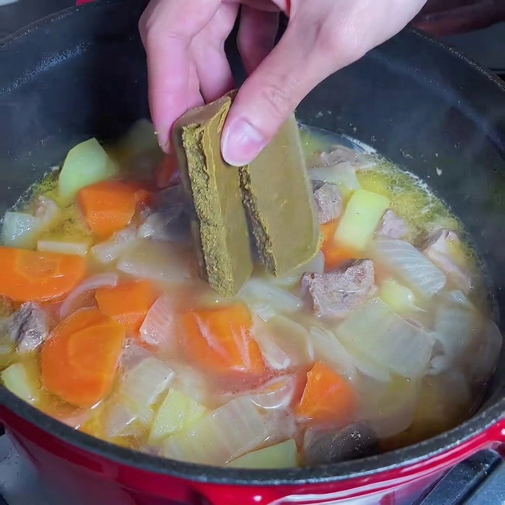 Hand dropping solid curry cubes into a pot of simmering beef and vegetable stew.