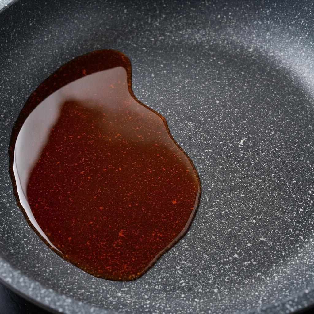 Freshly beaten eggs being poured into a hot non-stick pan coated with a light layer of oil.