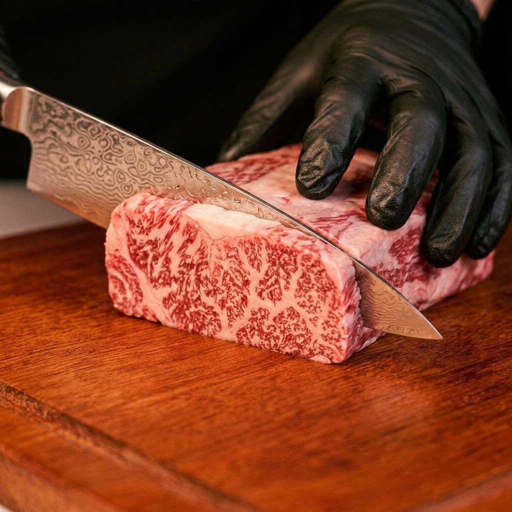 A gloved hand holding a knife while cutting high-quality beef steak into uniform cubes on a wooden board alongside prepared vegetables.