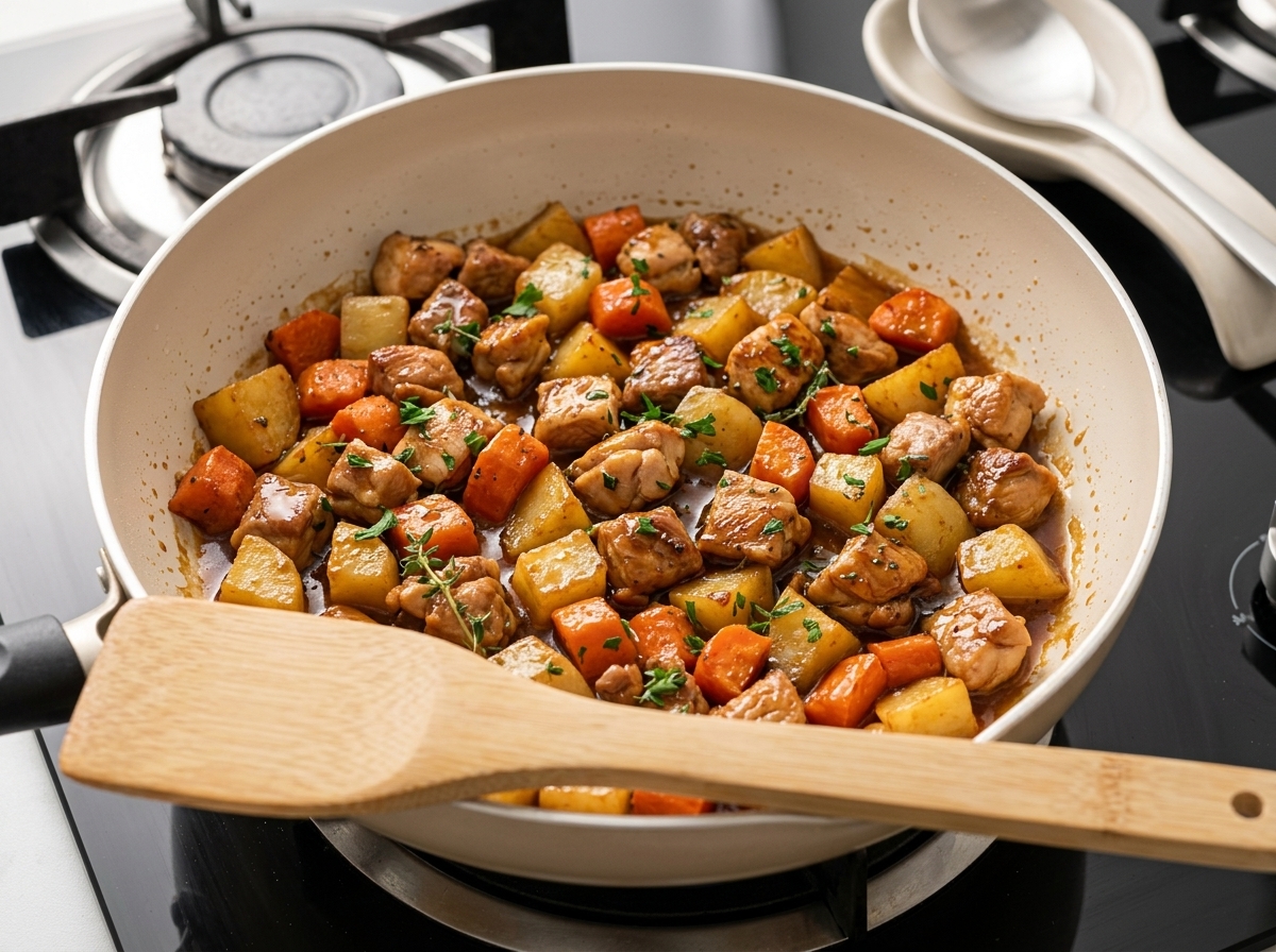 Curry roux blocks being placed into a pan with seared beef and colorful vegetable chunks.