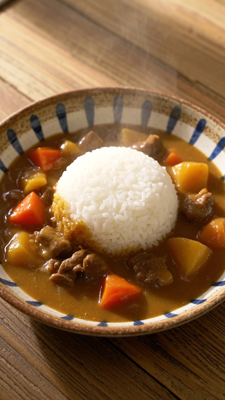 A steaming, hearty bowl of Japanese beef curry served over white rice in a traditional patterned ceramic bowl.