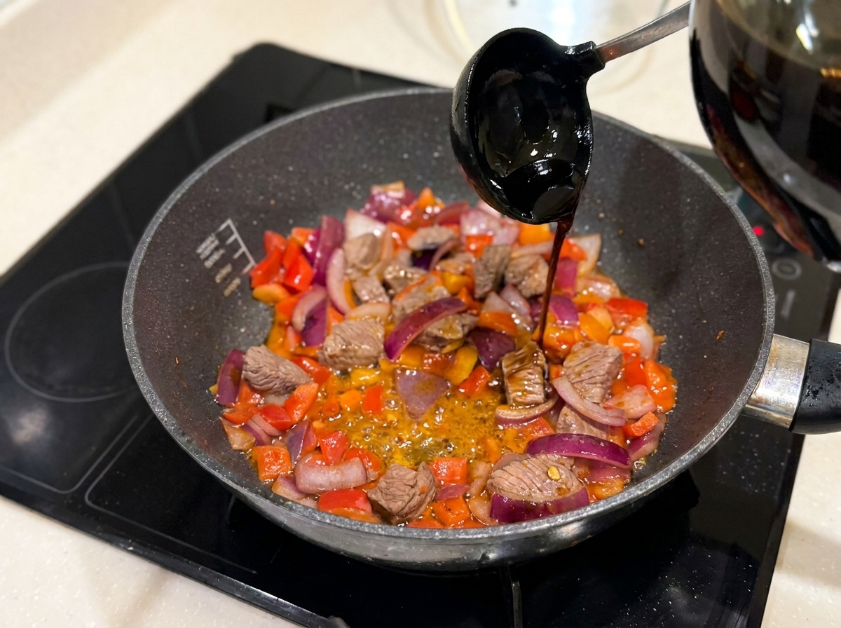 Soy sauce being drizzled into the pan containing stir-fried beef and vegetables.