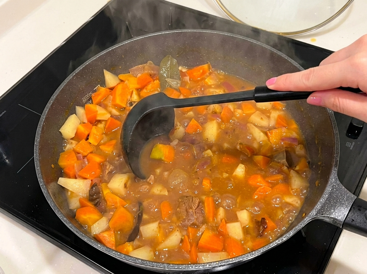 A close-up view of a dark brown, thickened curry sauce being stirred in a pan with tender beef and vegetable chunks.