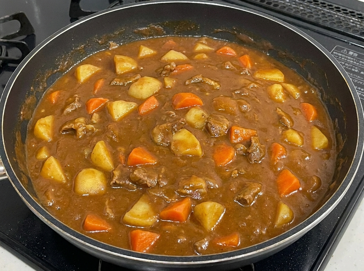 A stream of milk being poured into a pan of simmering beef curry, swirling into the thick, dark brown sauce.