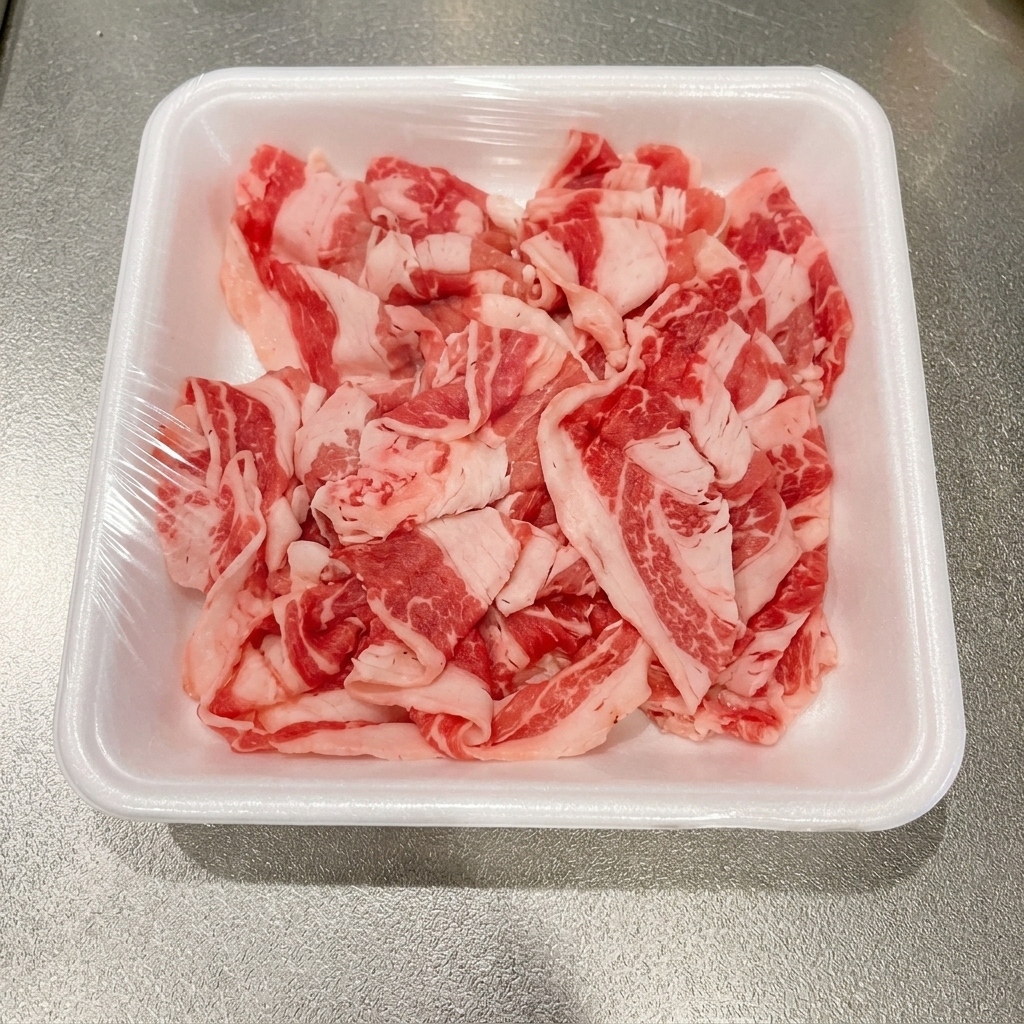 Thin slices of beef being blanched in a pot of boiling water.