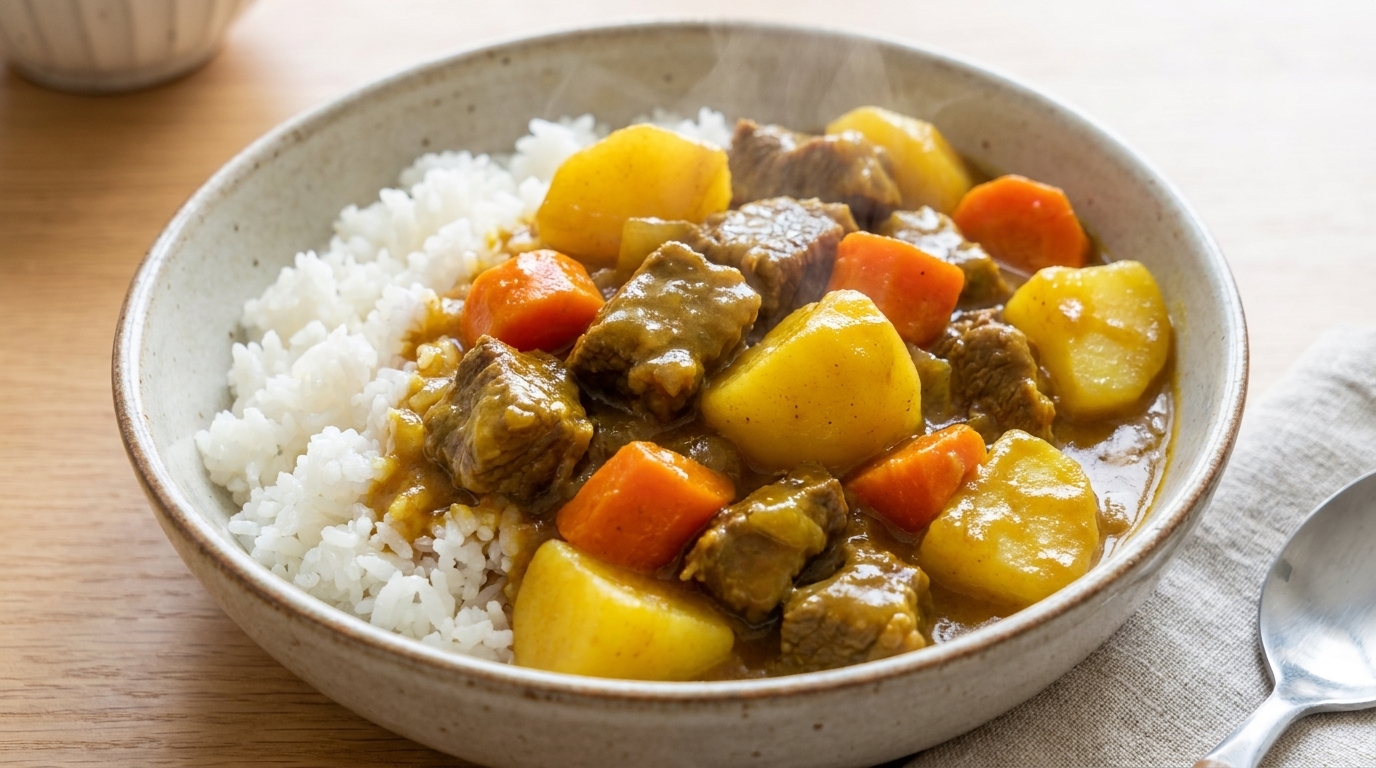 A hearty bowl of tender curry beef brisket with potatoes and carrots served over fluffy white rice.