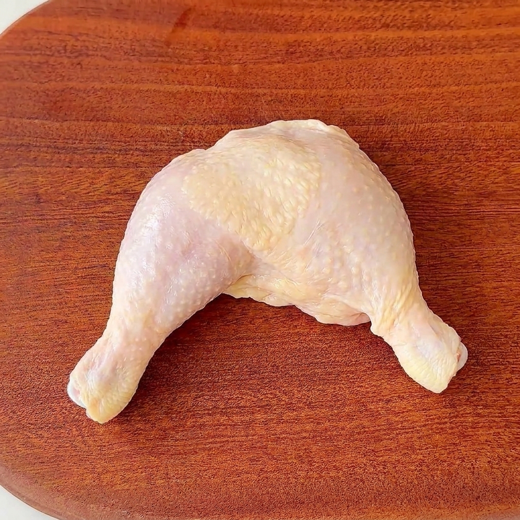 Two chicken legs being cut into uniform bite-sized pieces on a clean wooden cutting board.