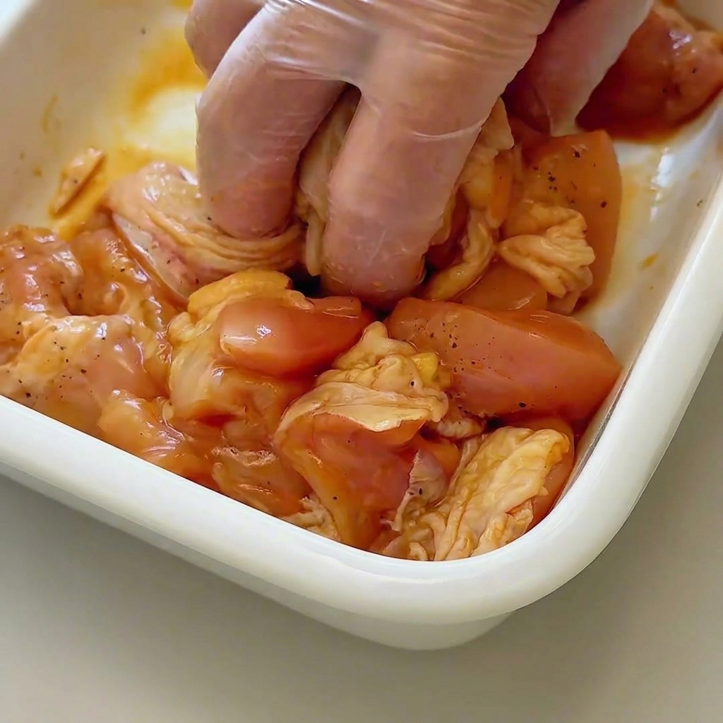 Raw chicken pieces being massaged with seasonings and cornstarch in a white mixing bowl.