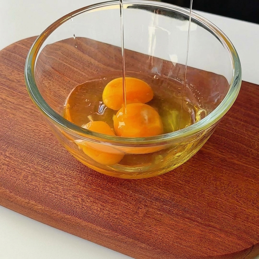 Three raw eggs being whisked in a clear glass bowl until uniform in color.
