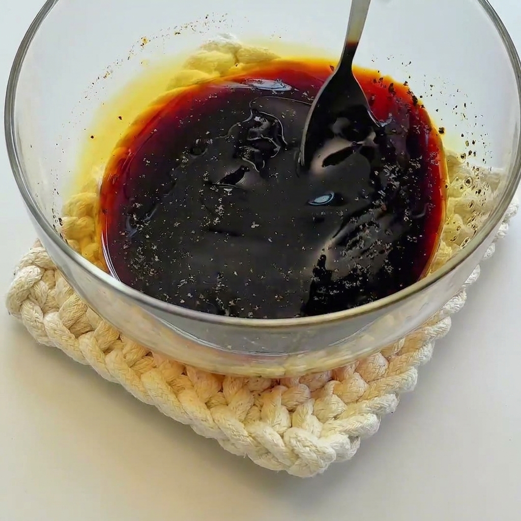 Dark, savory sauce base being stirred with a spoon in a small glass bowl.