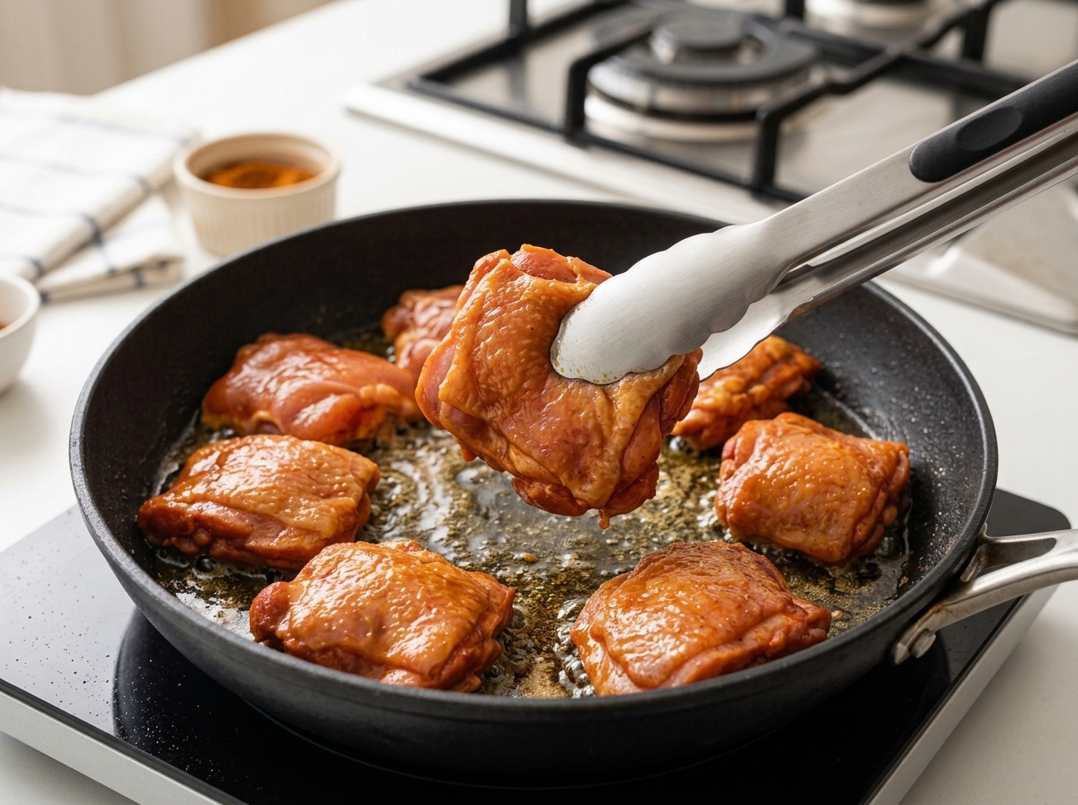 Chicken pieces sizzling in a hot skillet, developing a crispy golden-brown surface.