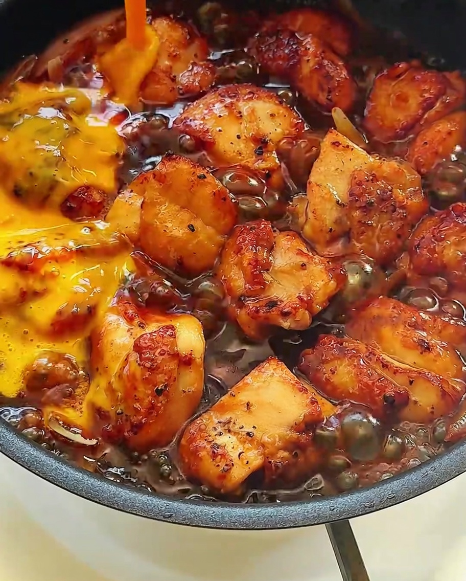 Beaten eggs being poured over the glazed chicken and simmering sauce in the pan, creating a golden, layered effect.