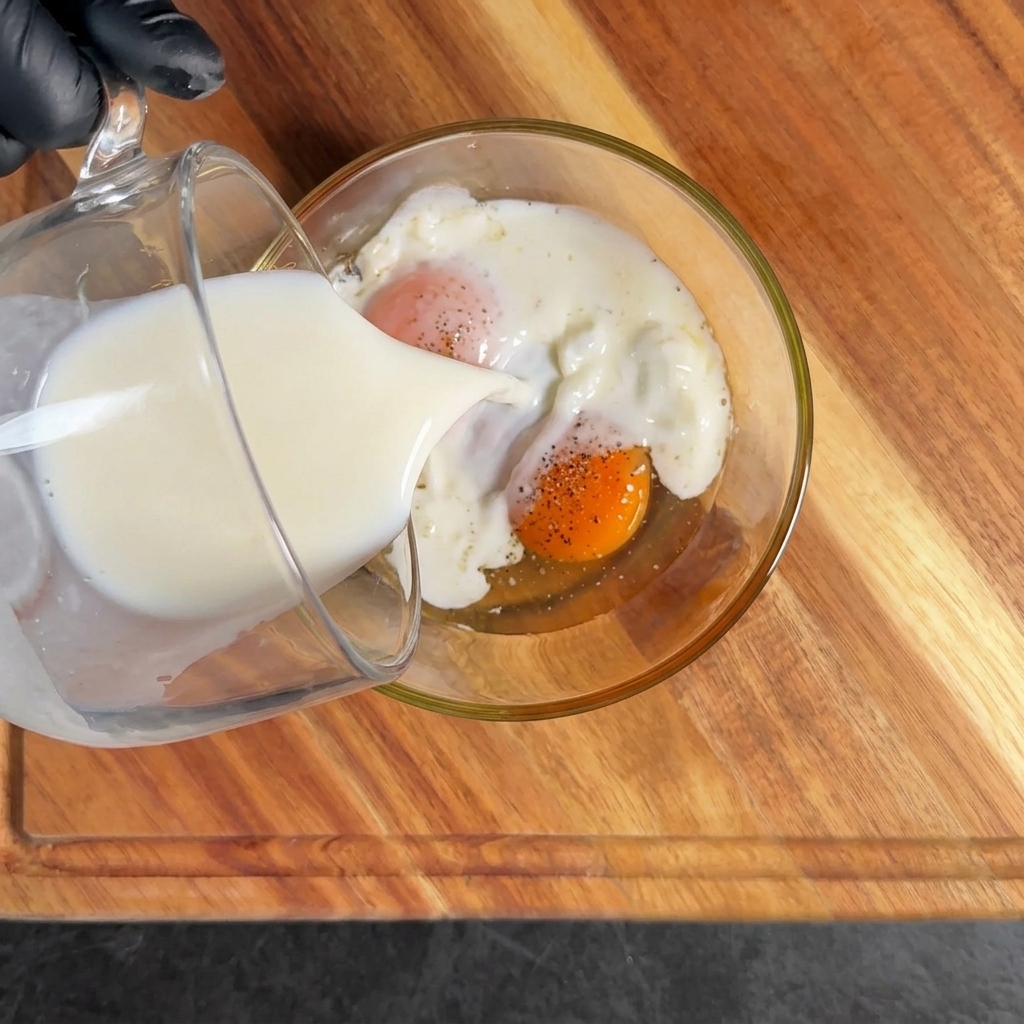 An egg mixture with milk and spices being whisked in a glass bowl.