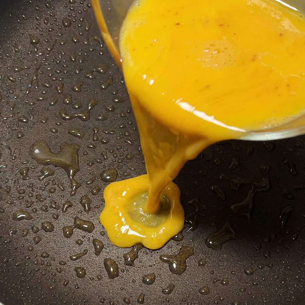 Fluffy egg curds being formed in a hot frying pan.
