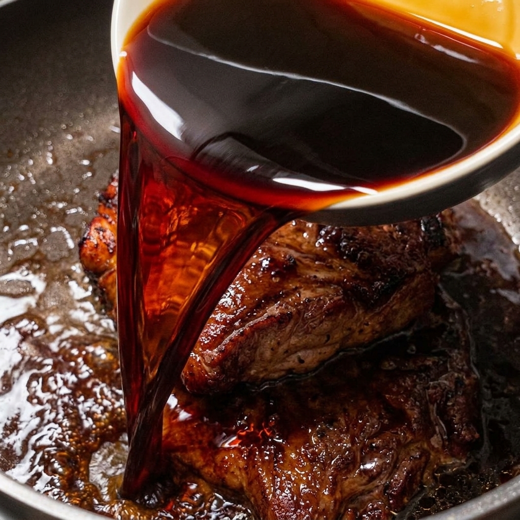 A pan containing golden-brown, crispy-skinned chicken thighs with a rich, dark sauce being poured over them.