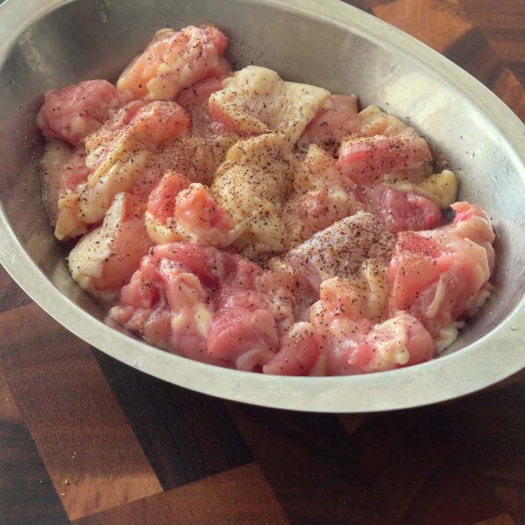 Marinated chicken pieces with seasoning in a metal mixing bowl.
