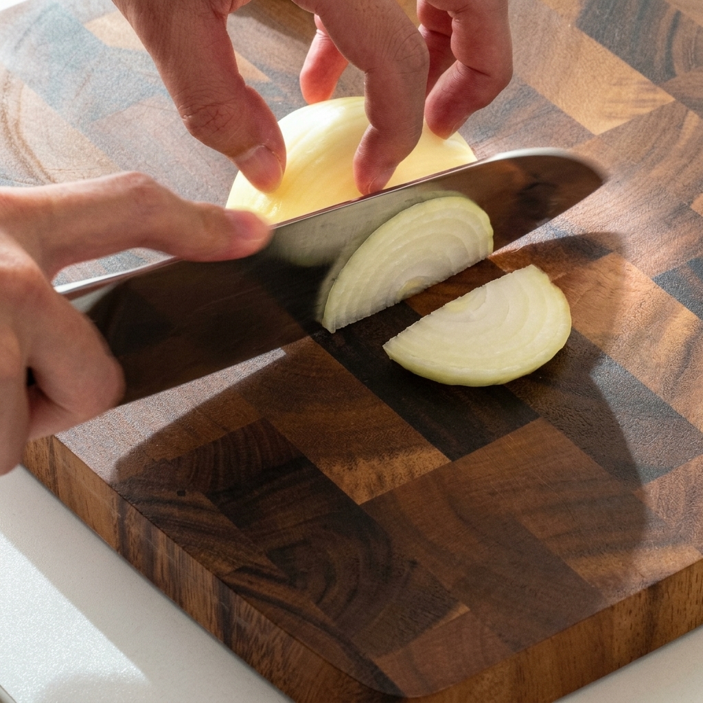 Half a white onion being sliced into thin strips on a wooden cutting board.