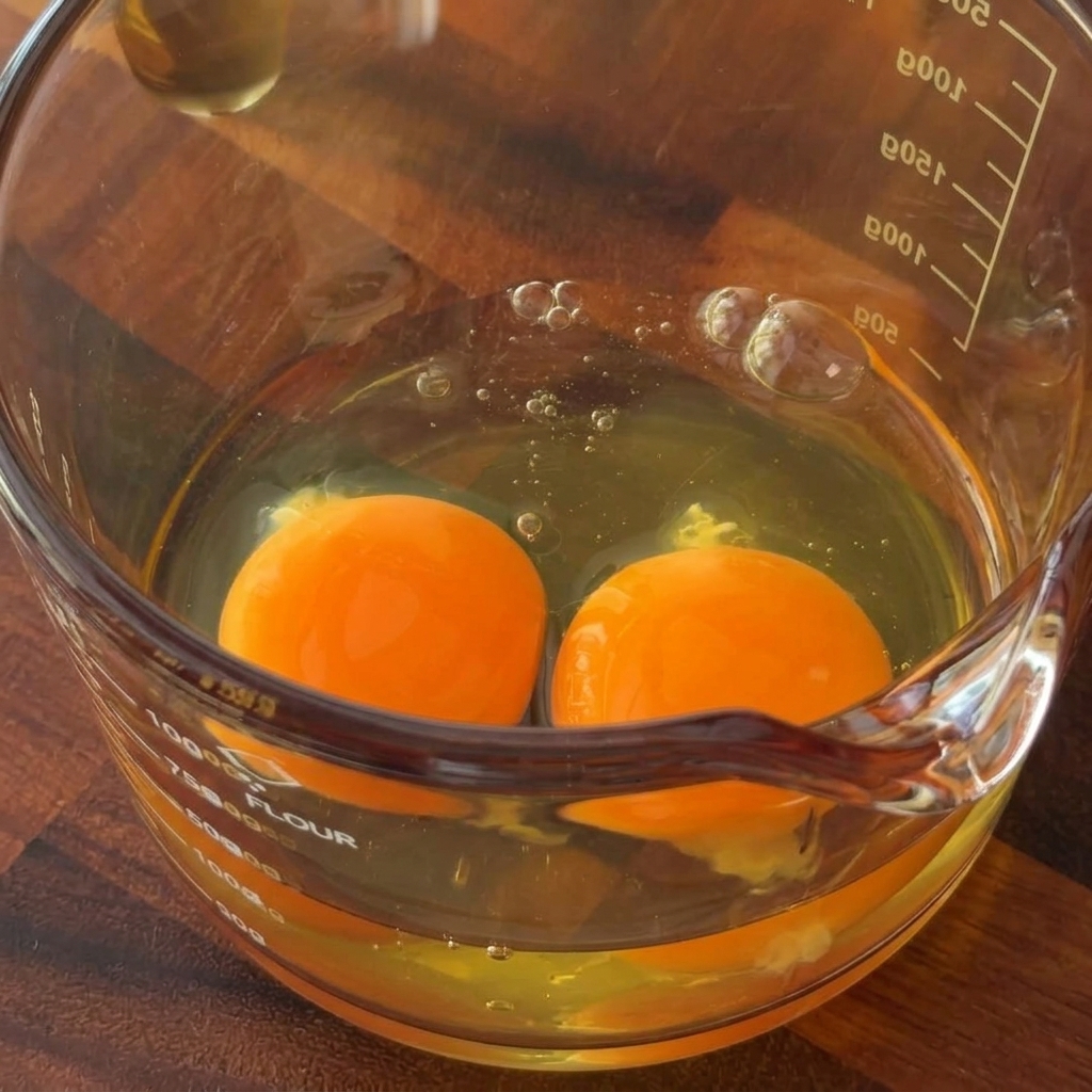 Three raw eggs being whisked in a glass measuring cup.