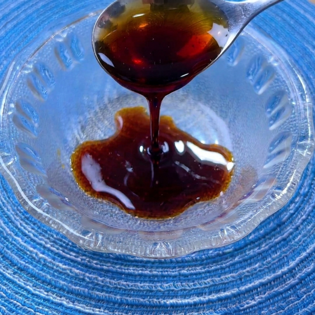 A mix of soy sauces, oyster sauce, sugar, and spices being combined in a small glass bowl.