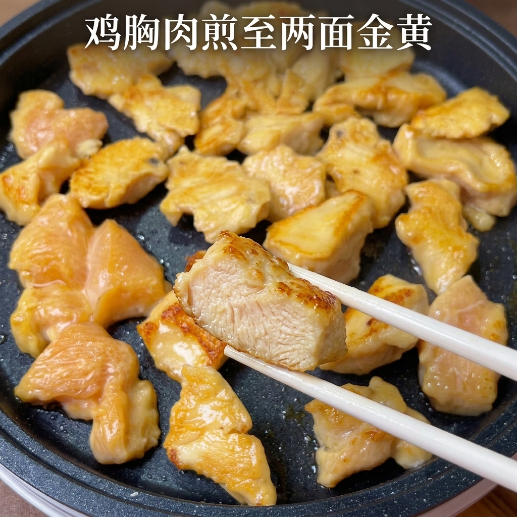 Sliced onions being sautéed in a pan with the golden-brown chicken pieces.