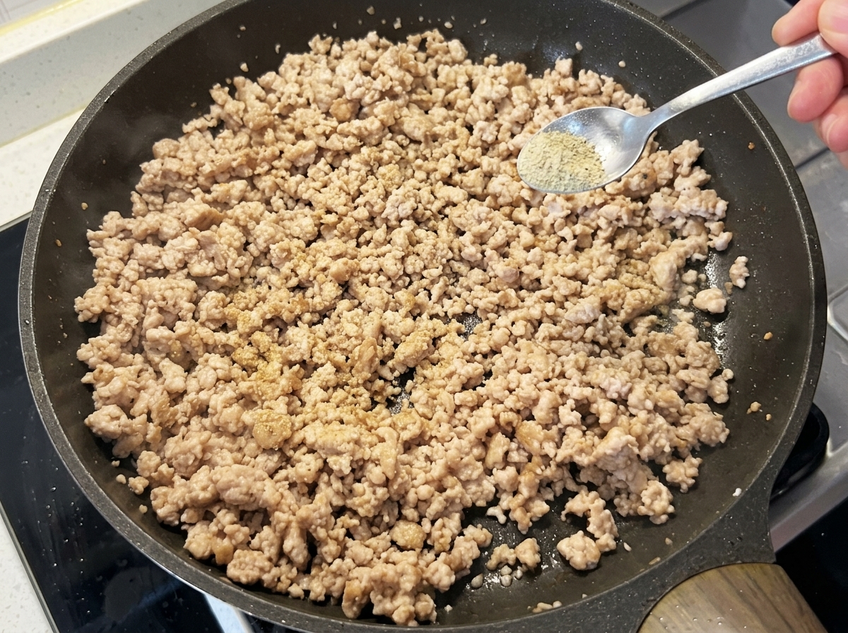 Green onion and garlic being added to the cooked meat in the pan.