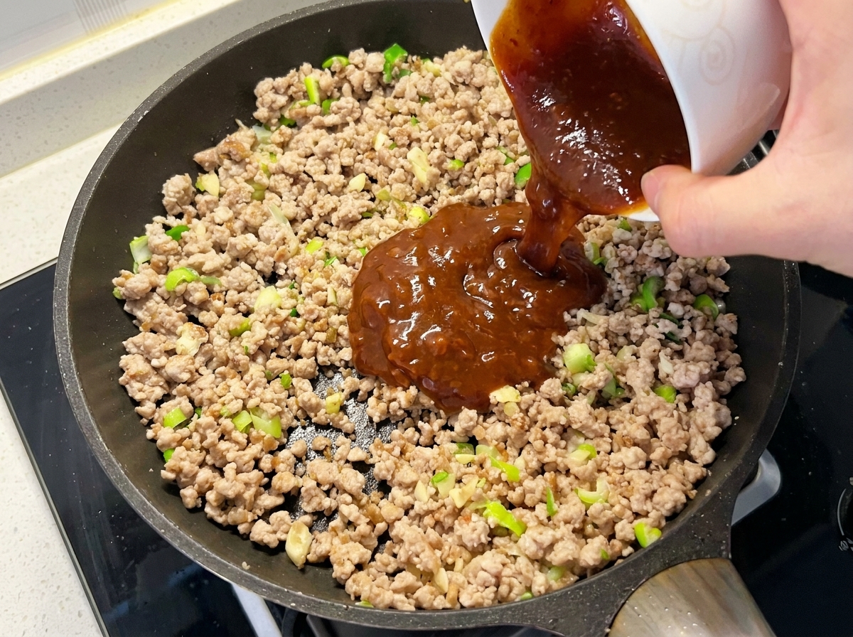 The sauce mixture being poured into the pan over the meat and aromatics.