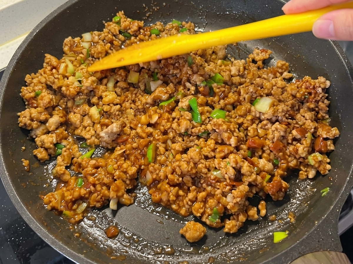 The meat sauce thickened and glossy in the pan.