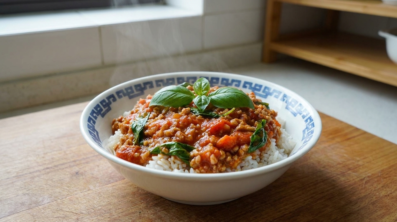 A comforting bowl of rice topped with a vibrant tomato meat sauce and fresh basil.