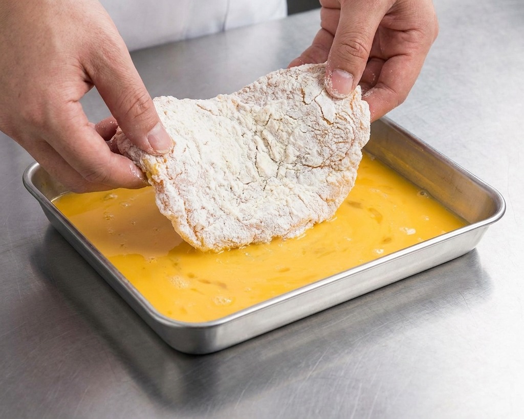 Hands holding a floured piece of steak over a shallow rectangular tray of beaten yellow egg wash.