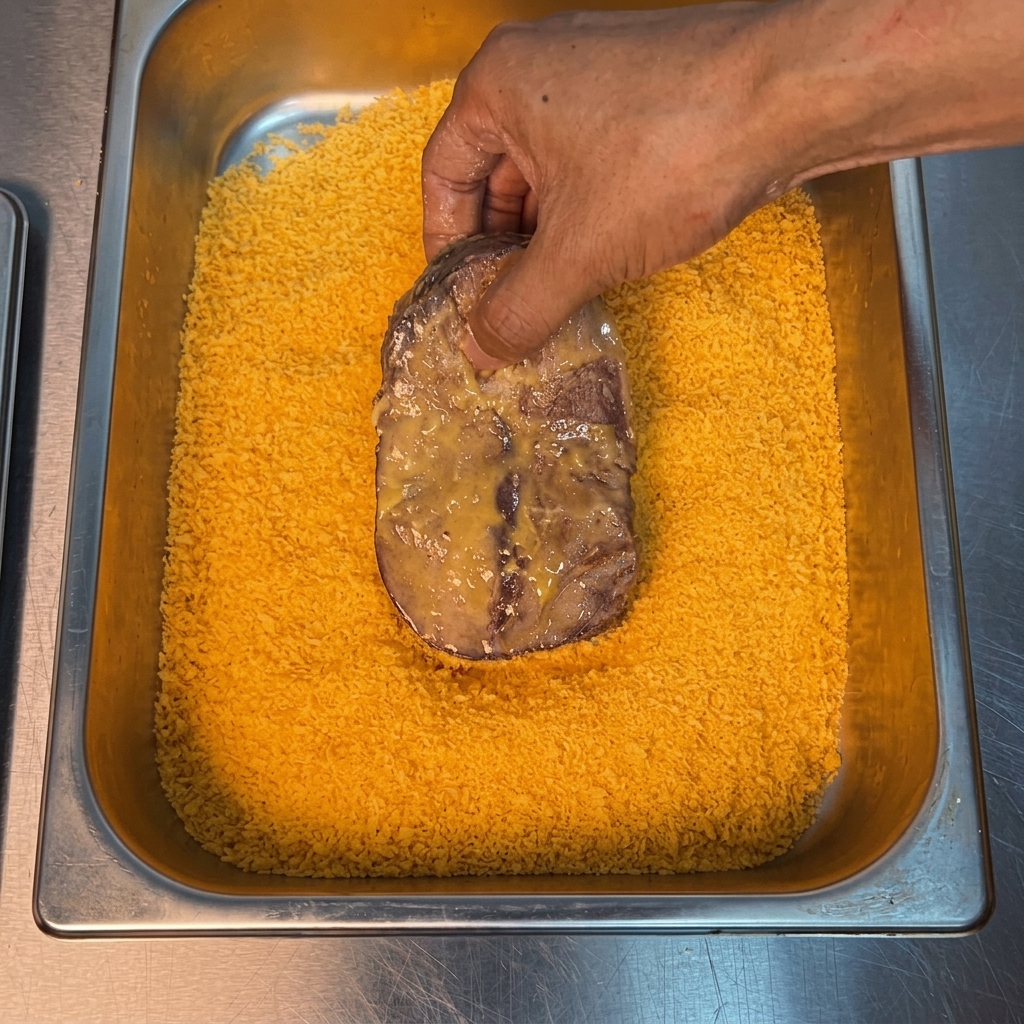 A hand firmly pressing a piece of steak into a tray of vibrant orange-yellow panko breadcrumbs.