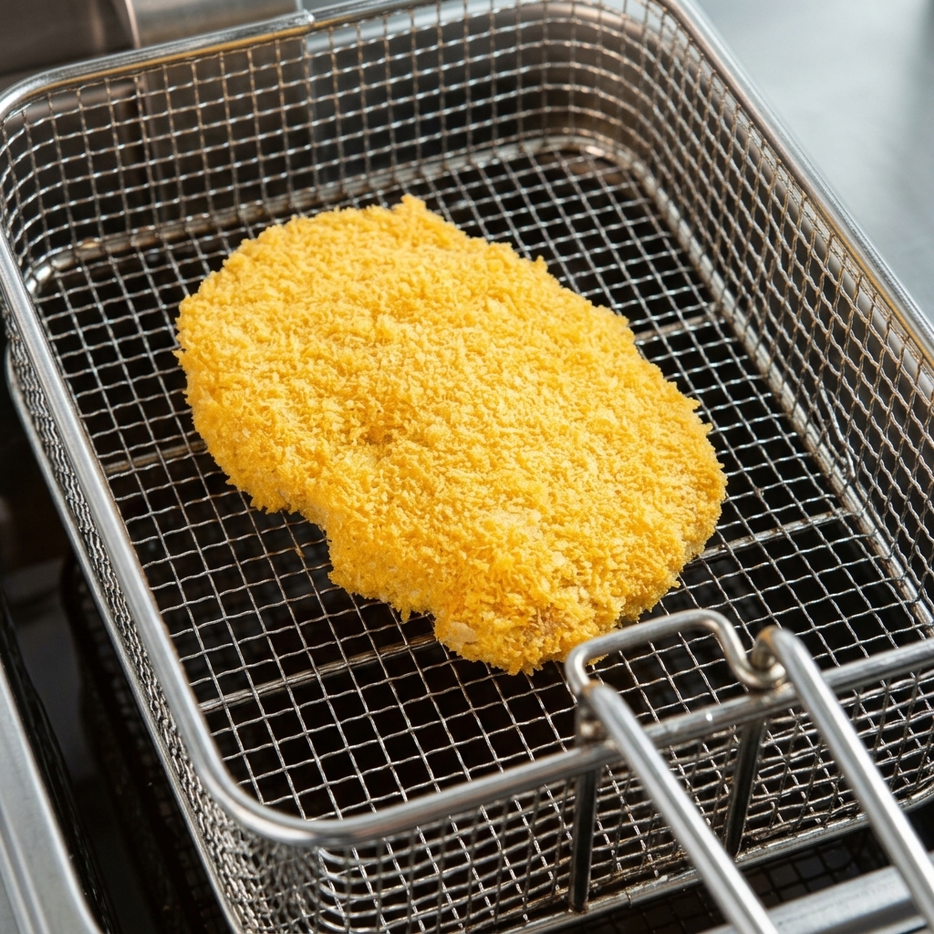 A thick, breaded steak resting inside a metal wire deep fryer basket.