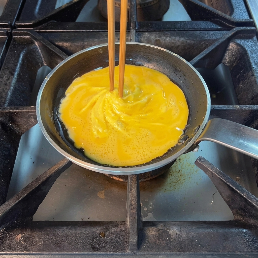 Eggs in a pan being swirled with wooden chopsticks to create soft, fluffy curds.