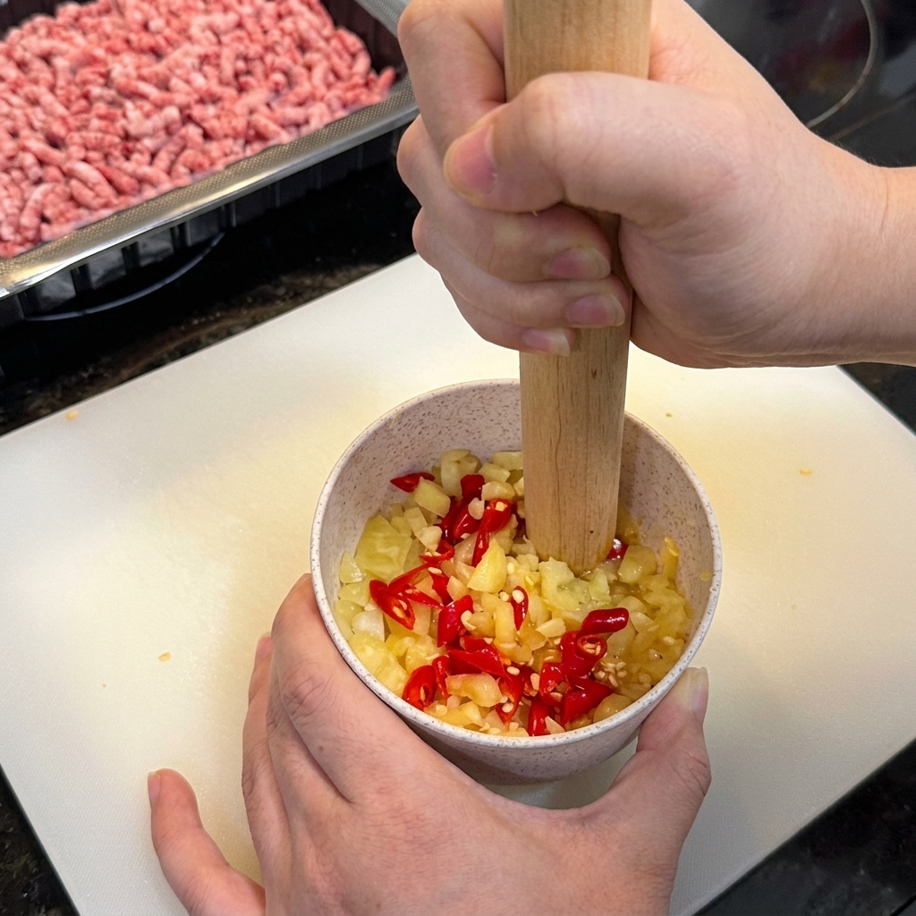 A wooden rolling pin pressing down on garlic and chili pieces inside a light-colored bowl.