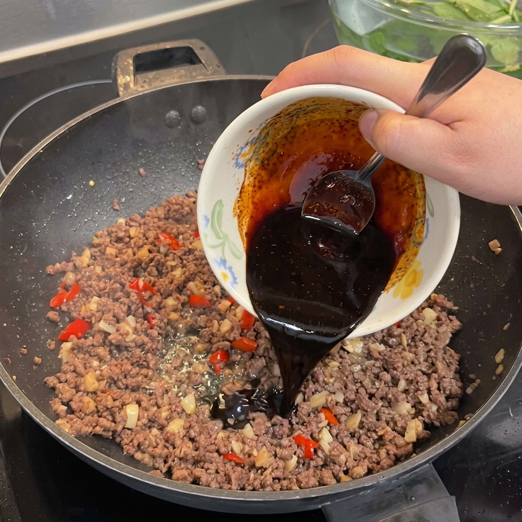 A dark, savory sauce being poured from a small bowl into a wok with cooked beef mince.