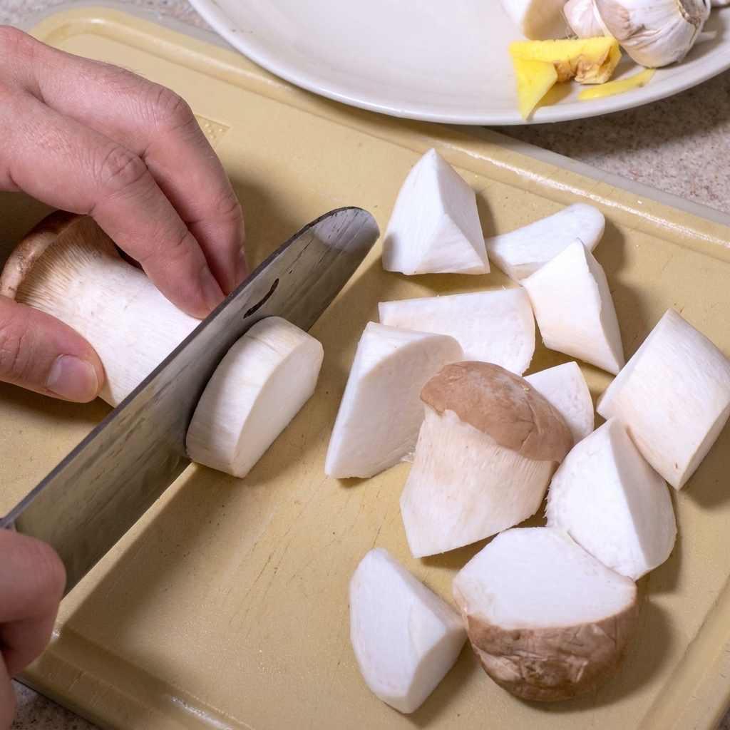 King oyster mushrooms being cut into irregular rolling pieces on a beige cutting board.