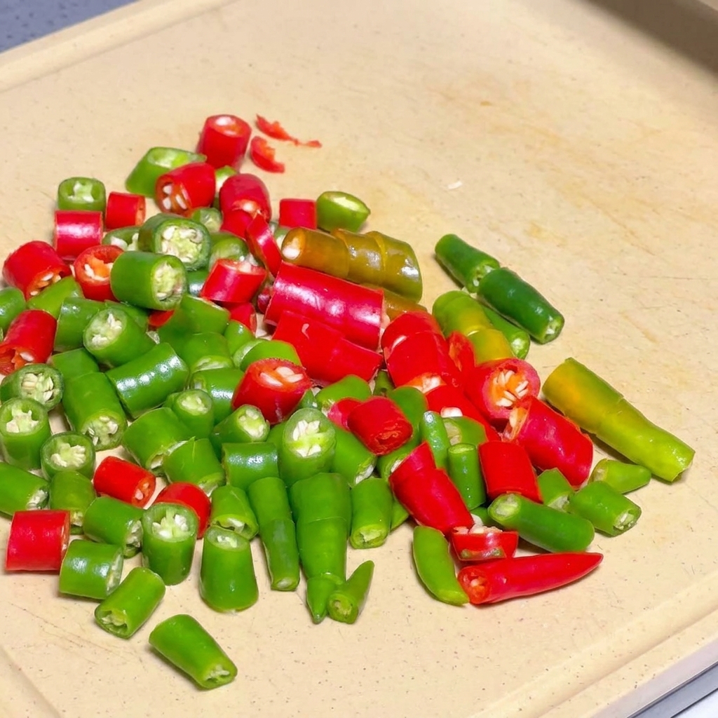 Green and red chili peppers sliced into small, vibrant segments on a cutting board.